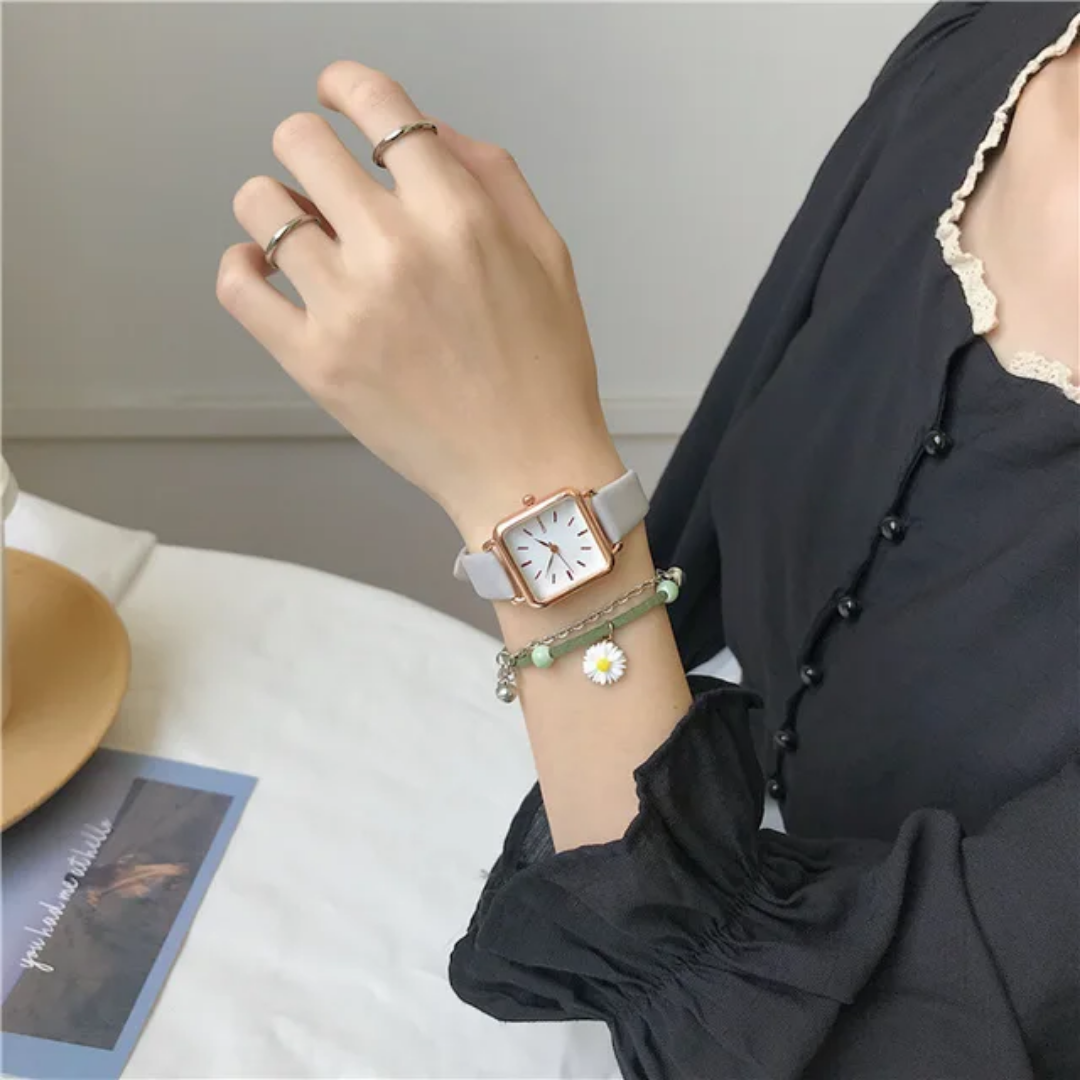 Women's Square Case Numberless Dial with Vegan Leather Strap Quartz Watches