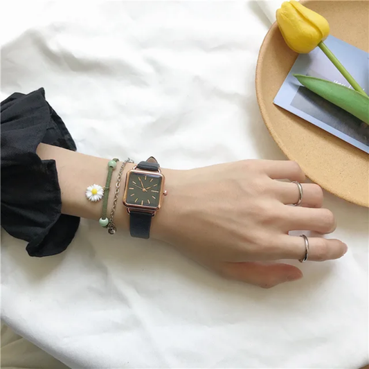 Women's Square Case Numberless Dial with Vegan Leather Strap Quartz Watches
