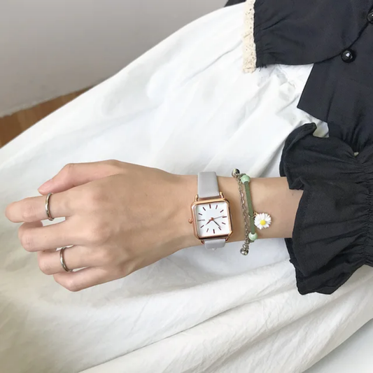 Women's Square Case Numberless Dial with Vegan Leather Strap Quartz Watches